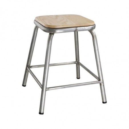 Low Galvanized Steel Stool with Wooden Seat Cantina - Set of 4 - Bolero