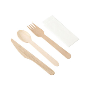 4-Piece Set - Dynasteel Wooden Cutlery: Knife, Fork, Large Spoon, Napkin - Pack of 500