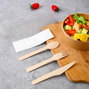 4-Piece Set - Dynasteel Wooden Cutlery: Knife, Fork, Large Spoon, Napkin - Pack of 500