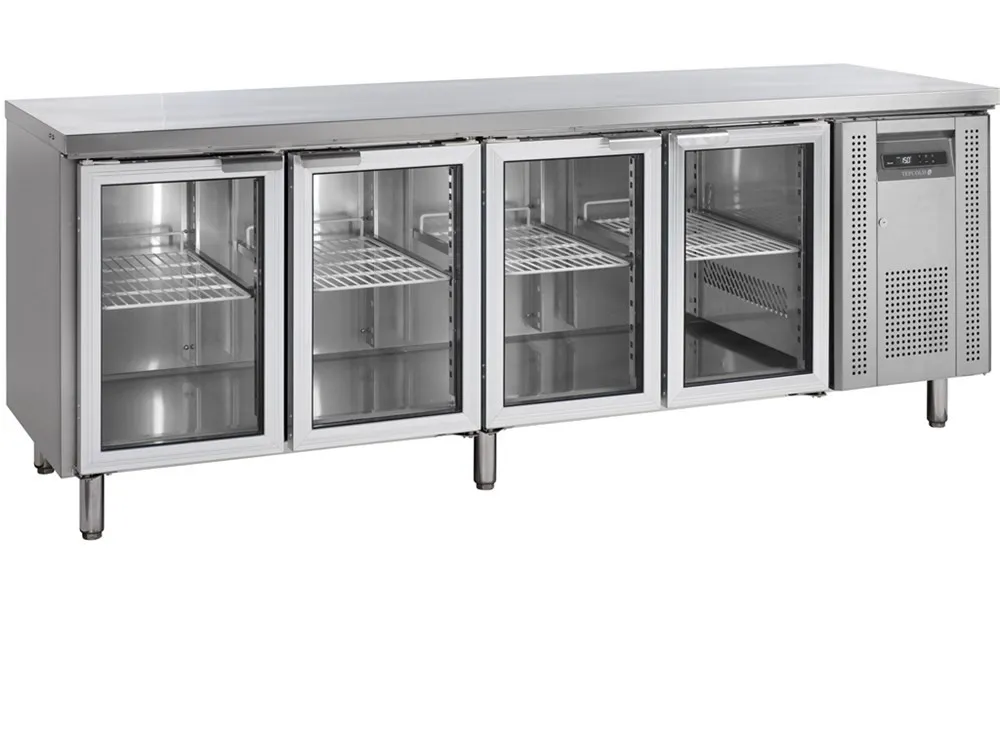 Gekoelde tafel met RVS achterwand - 4 glazen deuren - GN 1/1