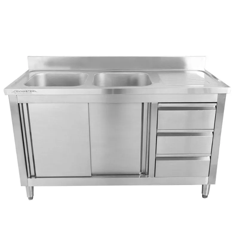 Meuble Plonge 2 Bacs avec Dosseret et 3 Tiroirs - 1400 x 600 mm - Bac à Gauche