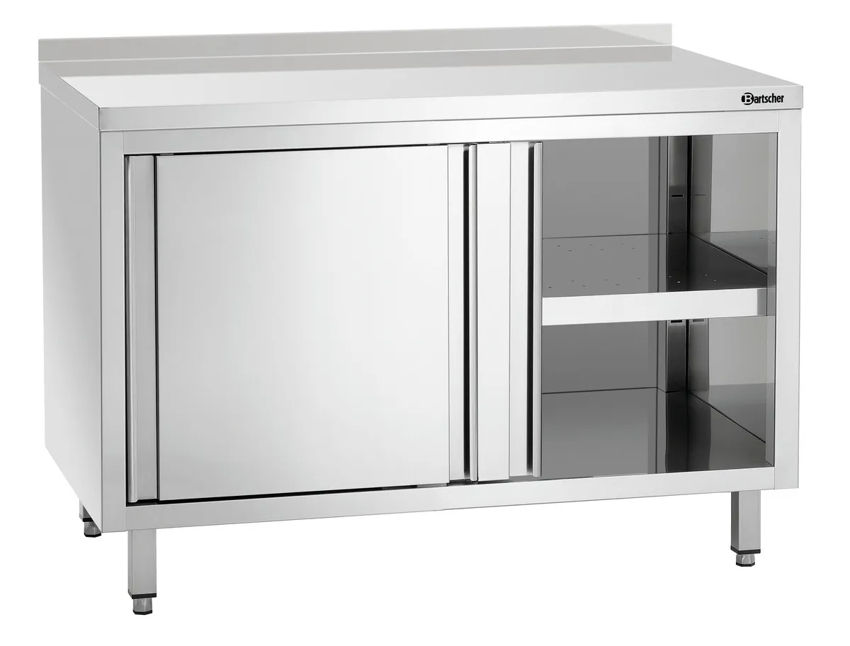 Möbel aus Edelstahl mit Schiebetüren, Regal und Rückwand - L 1200 mm