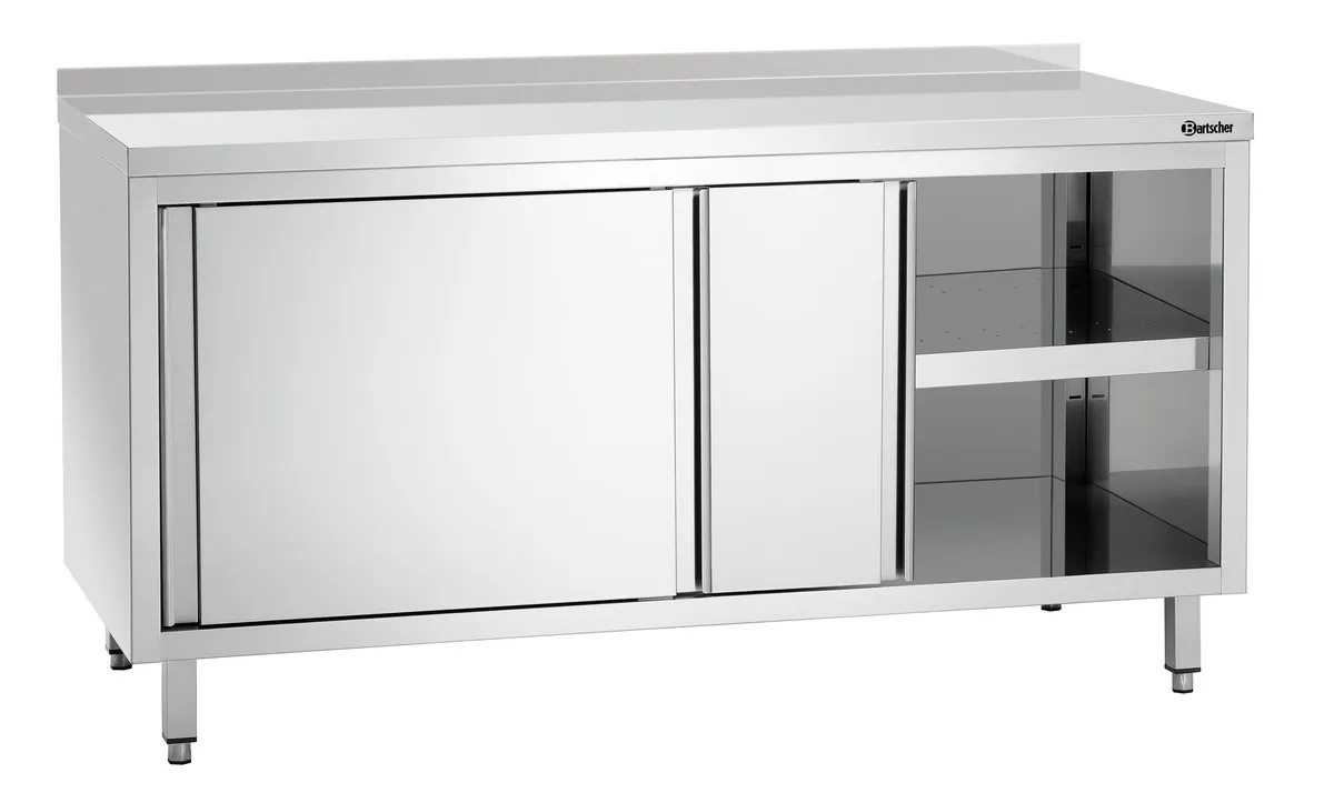 Möbel aus Edelstahl mit Schiebetüren, Regal und Rückwand - L 1600 mm