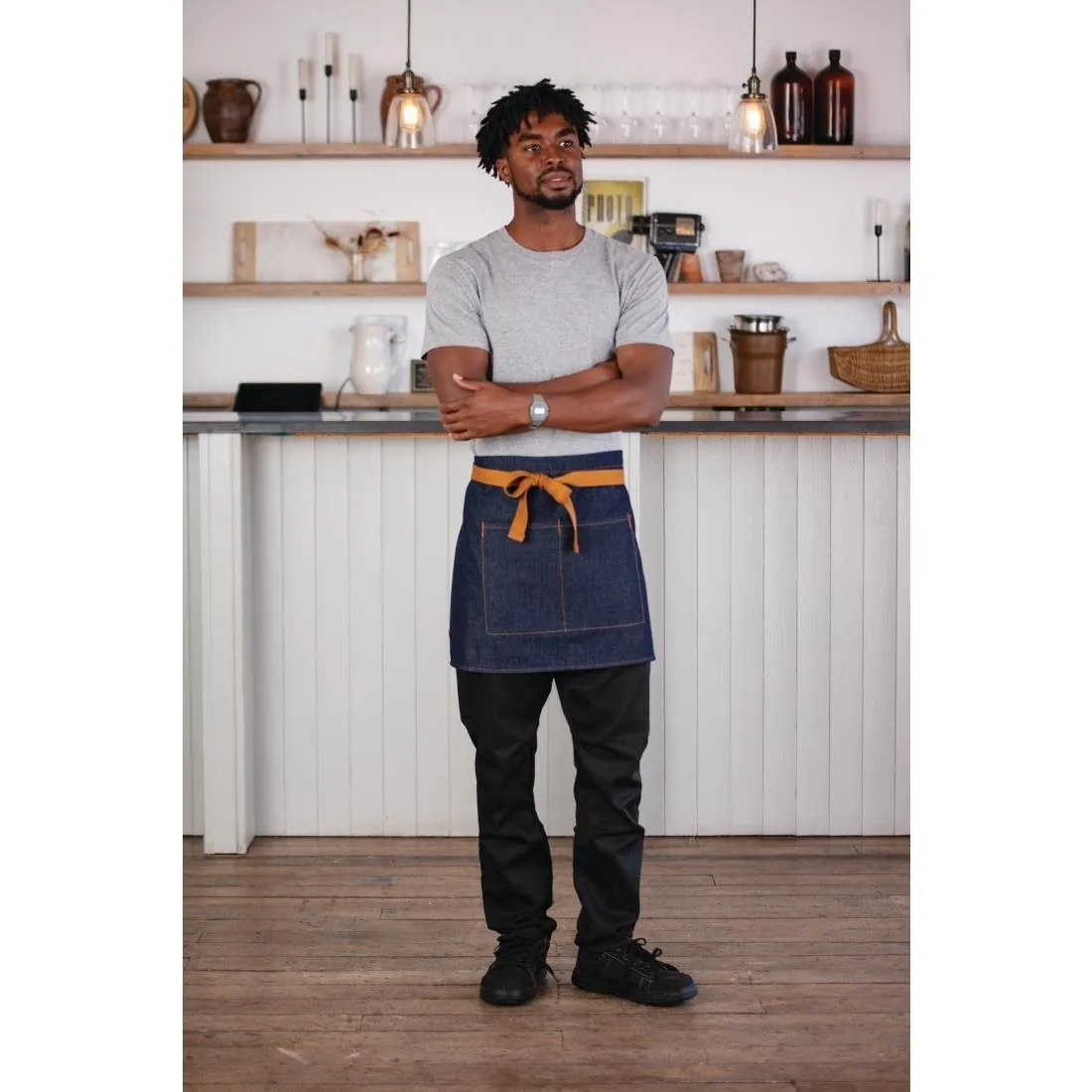 Tablier de Serveur Denim Bleu avec Ceinture Ocre en Coton - 700 x 430 mm