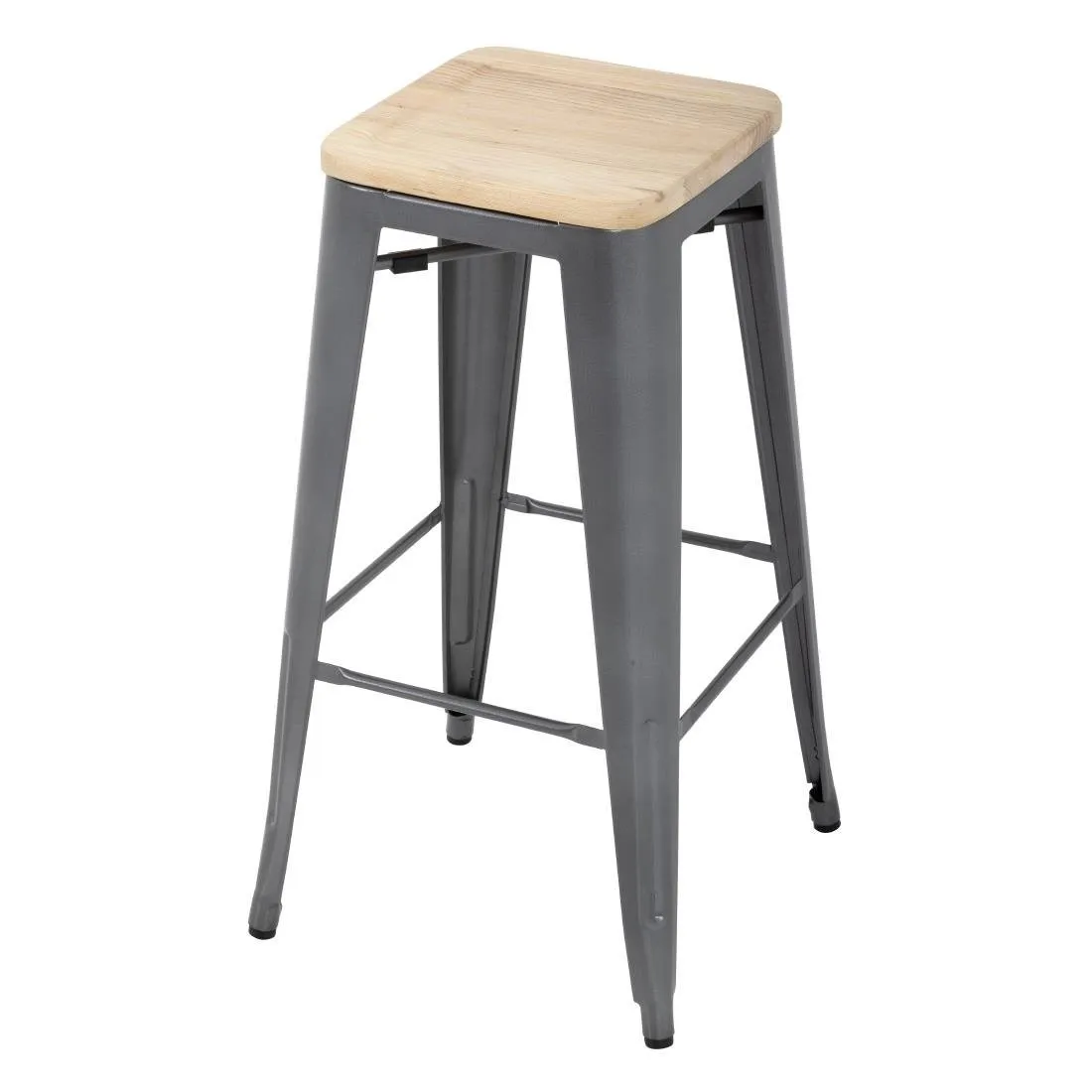Tabouret Bistro Haut en Acier Gris avec Assise en Bois - Lot de 4