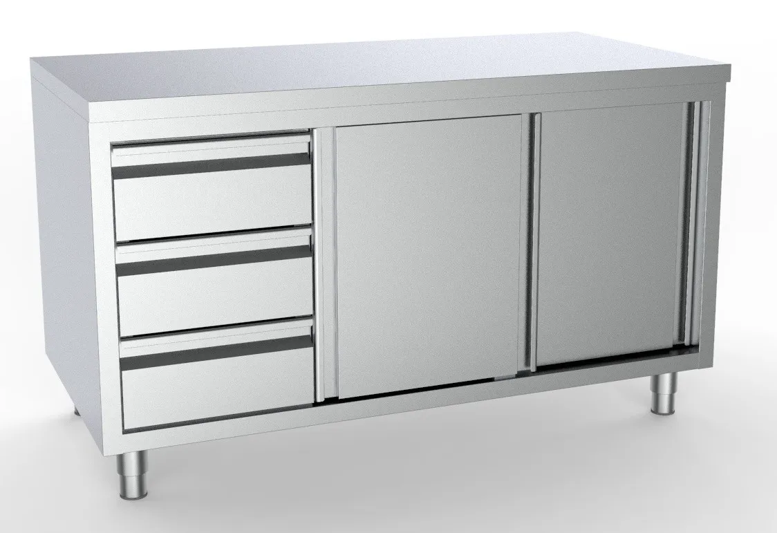 Meuble Inox Bas GN 1/1 - 2 Portes et 3 Tiroirs à Gauche - L 2000 x P 700 mm