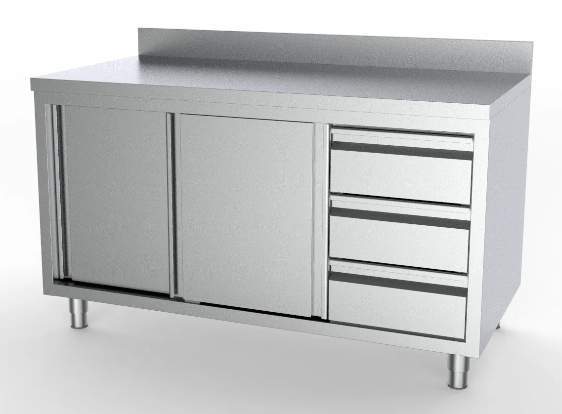 Meuble Inox Bas avec Dosseret GN 1/1 - 2 Portes et 3 Tiroirs à Droite - L 2000 x P 700 mm