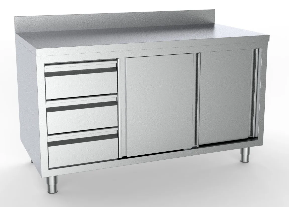 Meuble Inox Bas avec Dosseret- 2 Portes et 3 Tiroirs à Gauche - L 1800 x P 700 mm