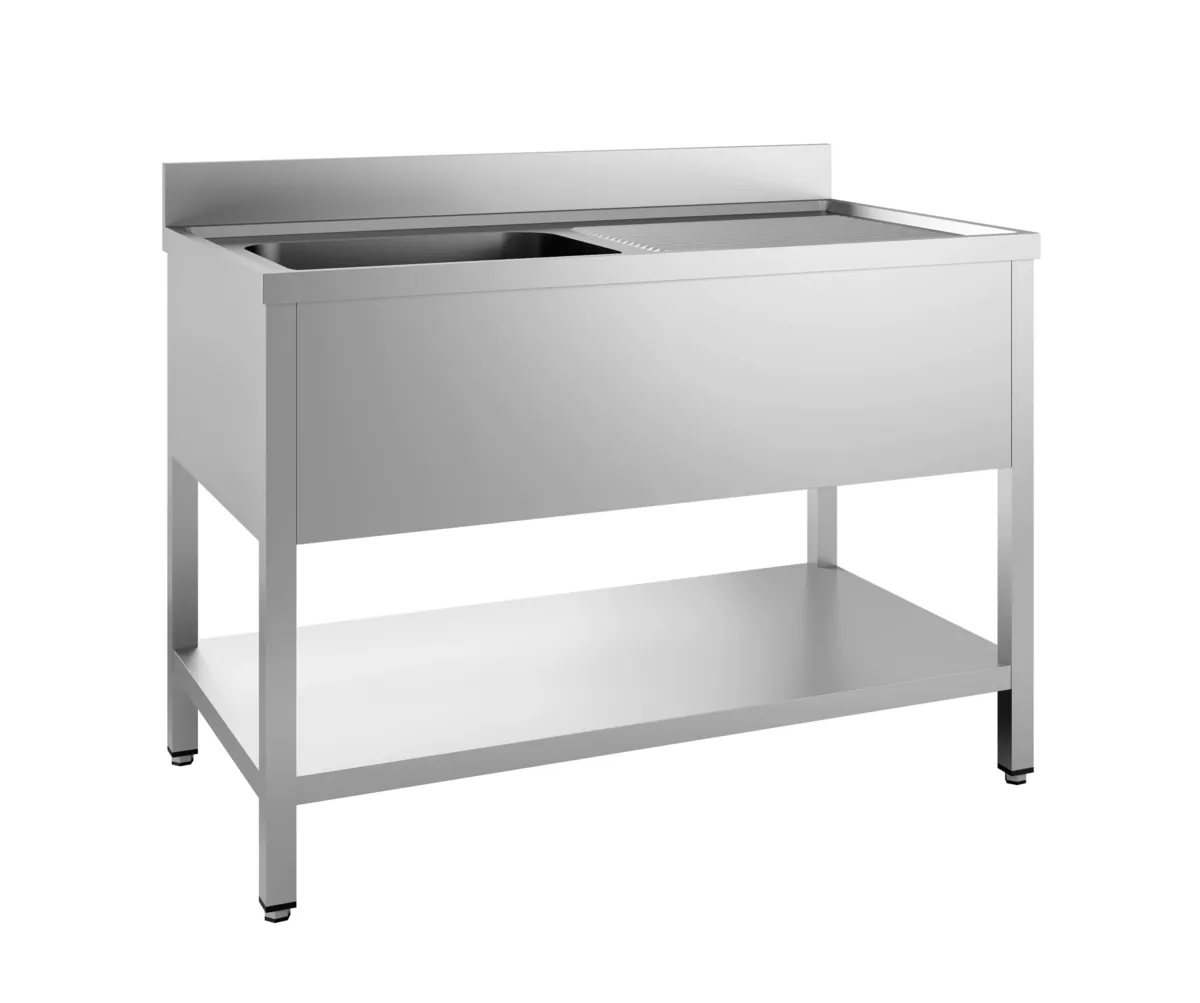Plonge 1 Bac et Egouttoir à Droite avec Dosseret et Etagère Démontable - L 1400 x P 700 mm