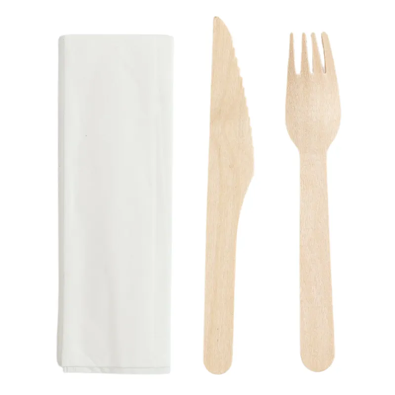 Holzbesteck-Set 3-teilig: Messer, Gabel, Serviette - Packung mit 250