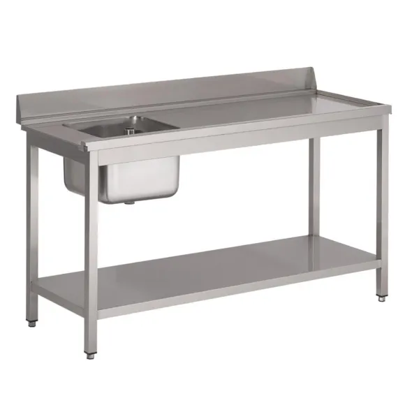Table D'Entrée Lave-Vaisselle en Inox avec Bac À Gauche Dosseret et Tablette Inférieure - L 1000 x P 700mm