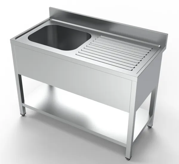 Spülbecken 1 Becken und Abtropffläche rechts mit Rückwand und Regal - L 1200 x T 600 mm