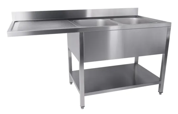 Plonge 2 Bacs et Passage pour Lave-Vaisselle à Gauche avec Dosseret et Etagère Démontable - L 1600 x P 700 mm
