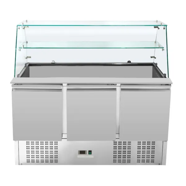 Saladette Kühltisch 3 Türen 368 L, Glasvitrine, GN 1/1 Behälter, 0/+10 °C, Edelstahl, Statische Kühlung